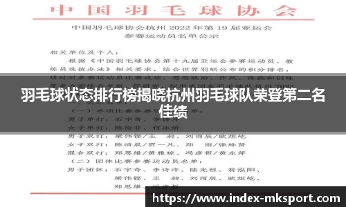 羽毛球状态排行榜揭晓杭州羽毛球队荣登第二名佳绩